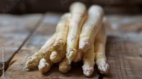 Pale spears of asparagus resting on a rustic tabletop.