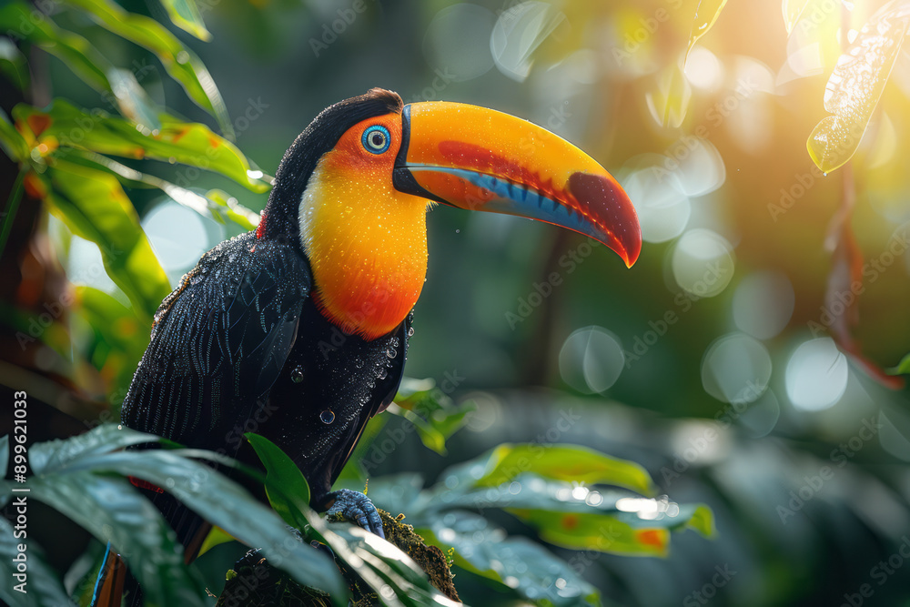 Fototapeta premium A striking toucan perched high in the canopy of an exotic jungle, its colorful beak shining in the sunlight,