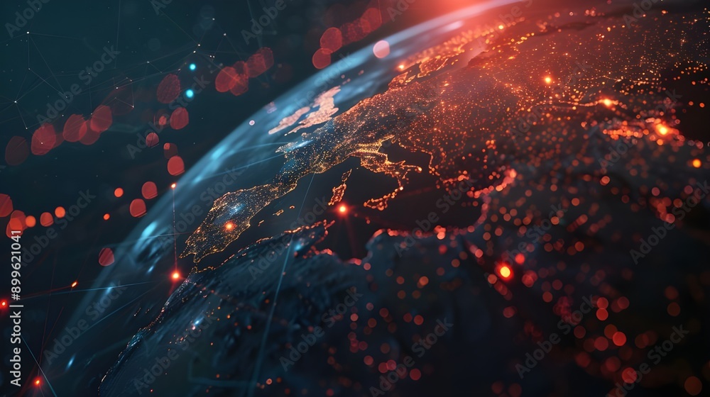 Artistic visualization of Earth with vibrant red and blue data connections, depicting intense data traffic and the robustness of global communication channels.
Artistic visualization of Earth with vibrant red and blue data connections, depicting intense data traffic and the robustness of global communication channels.