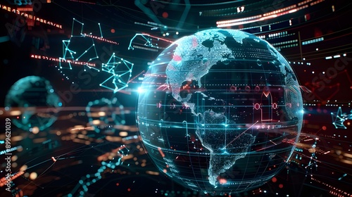 A futuristic visualization of Earth with digital blue and white data streams and nodes, illustrating advanced communication and networking technology encircling the globe.