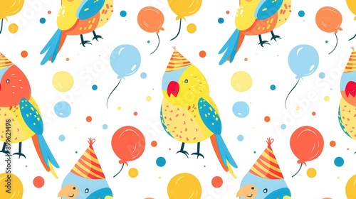 Adorable birthday pattern with little parrots in hats on a white background in illustration style and simple design.