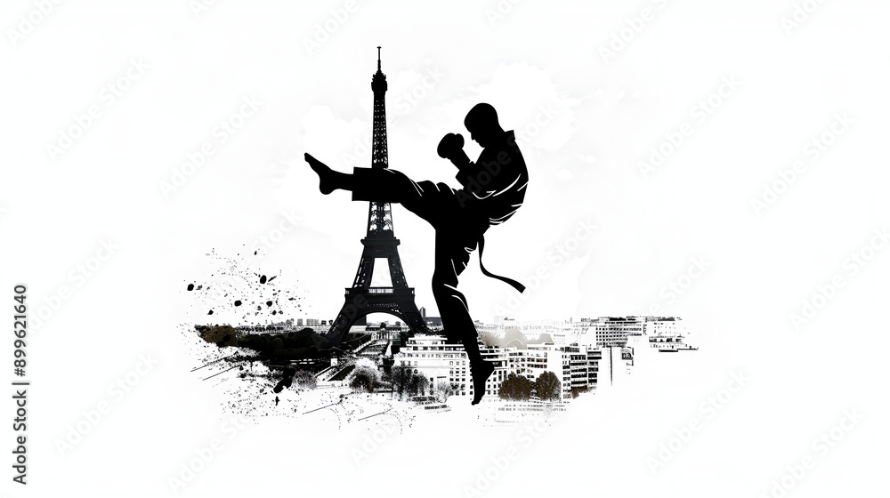 Obraz premium Minimalist Karateka: Silhouette of a karateka performing a high kick with the Eiffel Tower in the background on a white background.