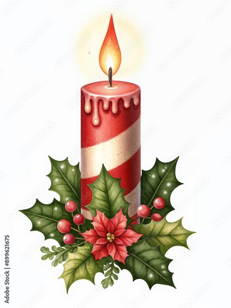 Christmas candle with decor on white background. AI Christmas candle with decor on white background. AI