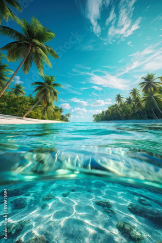 paradise with this captivating split-shot image. Crystal-clear turquoise waters meet lush green palm trees against a vibrant blue sky, creating a breathtaking tropical escape. generative AI photo