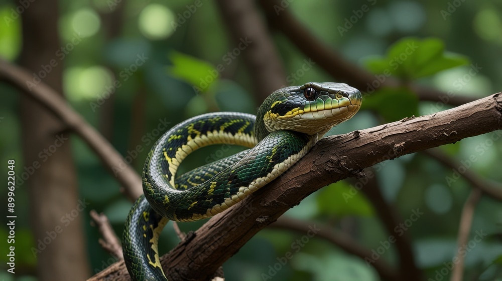 Green Tree Snake on Branch Green Tree Snake on Branch