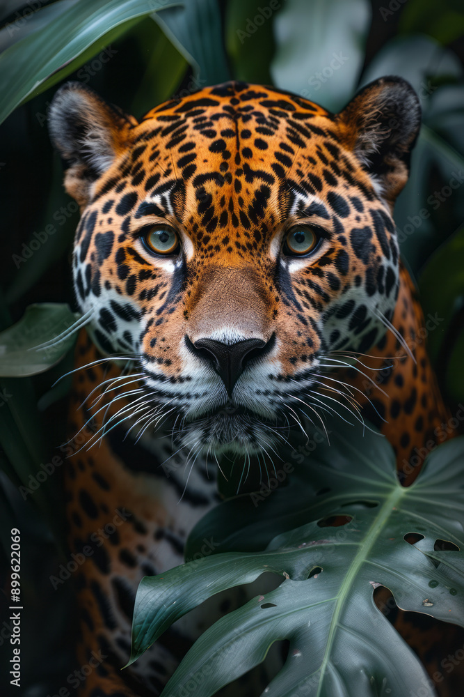 Obraz premium A mysterious jaguar hidden among the shadows of an exotic jungle, watching its surroundings,