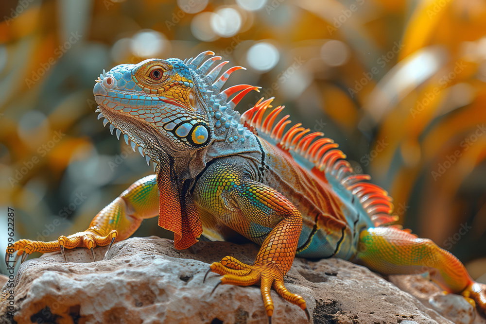 Fototapeta premium A colorful iguana basking on a rock in the warm sun of an exotic jungle,