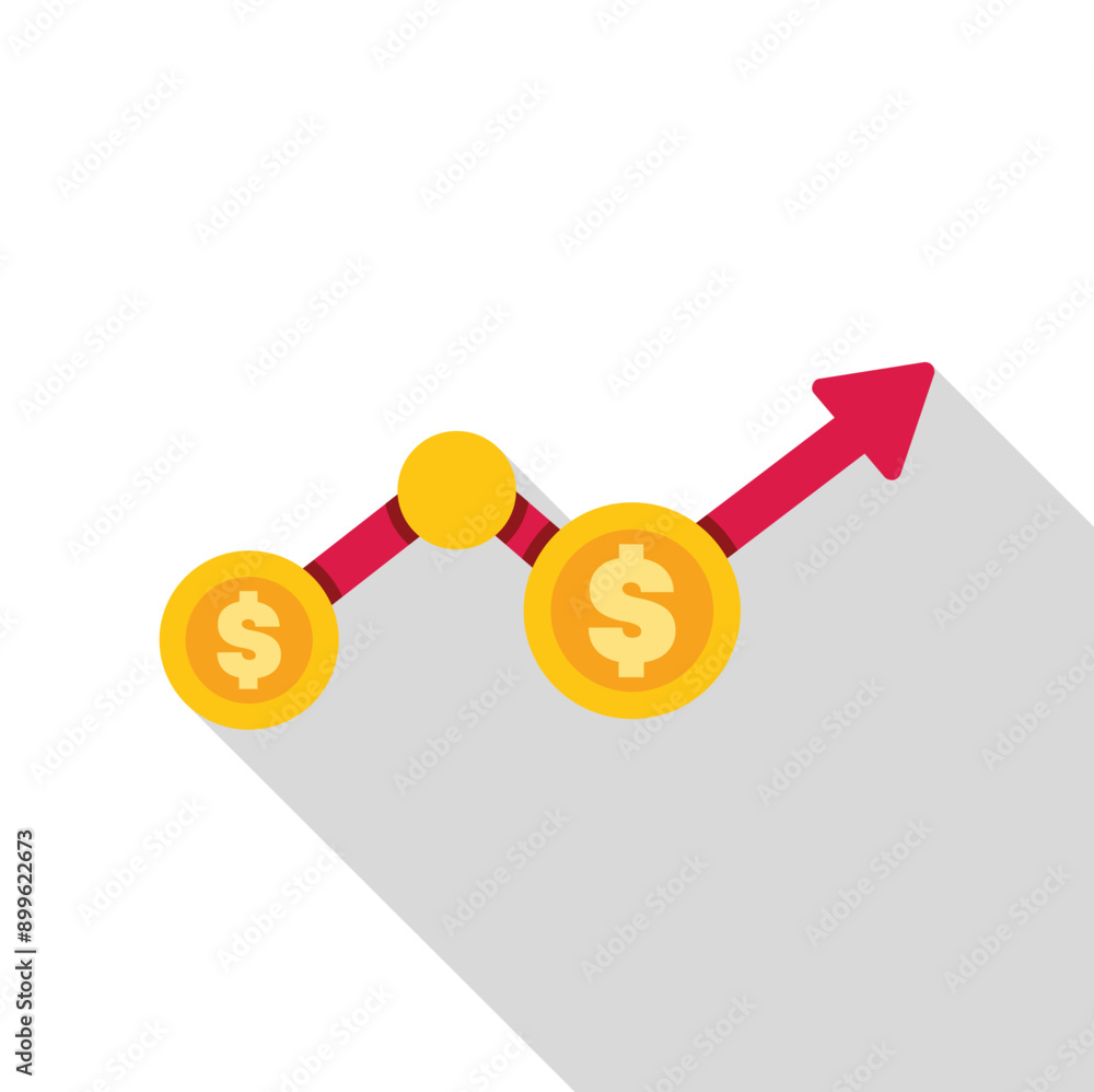Graph is increasing and showing the growth of money with coins and an upwards pointing arrow Graph is increasing and showing the growth of money with coins and an upwards pointing arrow