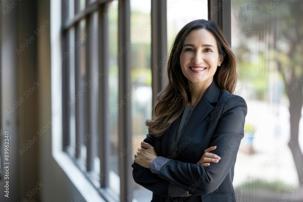 Confident Latin female executive in office portrait. Confident Latin female executive in office portrait.