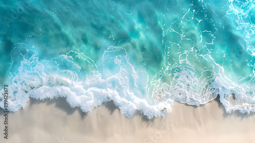 Overhead photo of crashing waves on the shoreline beach. Tropical beach surf. Abstract aerial ocean view
