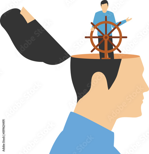 Leadership thinking for business decision or guidance to the right direction, motivation, mindset or consciousness, businessman leader control steering wheel helm on head

