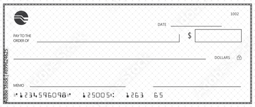 Bank check, vector blank money cheque, checkbook template with guilloche pattern and fields. Currency payment coupon, money check background