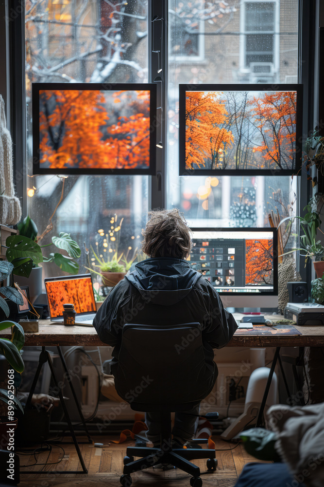 Minimalist image of a person setting up a dual-monitor home office for increased productivity, Minimalist image of a person setting up a dual-monitor home office for increased productivity,