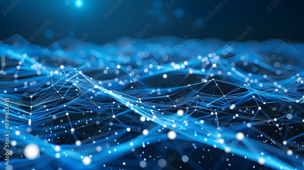 Obraz premium A network of glowing blue nodes interconnected by digital lines, symbolizing high-speed data transmission and advanced connectivity in a digital communication network.