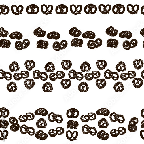 Set of borders with silhouettes of pretzels, horizontal design from baked goods for packaging