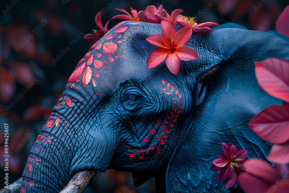 Obraz premium A surreal depiction of an elephant formed from vibrant feathers, with floral patterns adorning its skin,