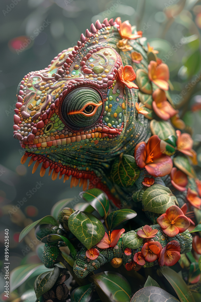Obraz premium An imaginative design of a chameleon made from a mix of leaves and flowers, blending into its surroundings,