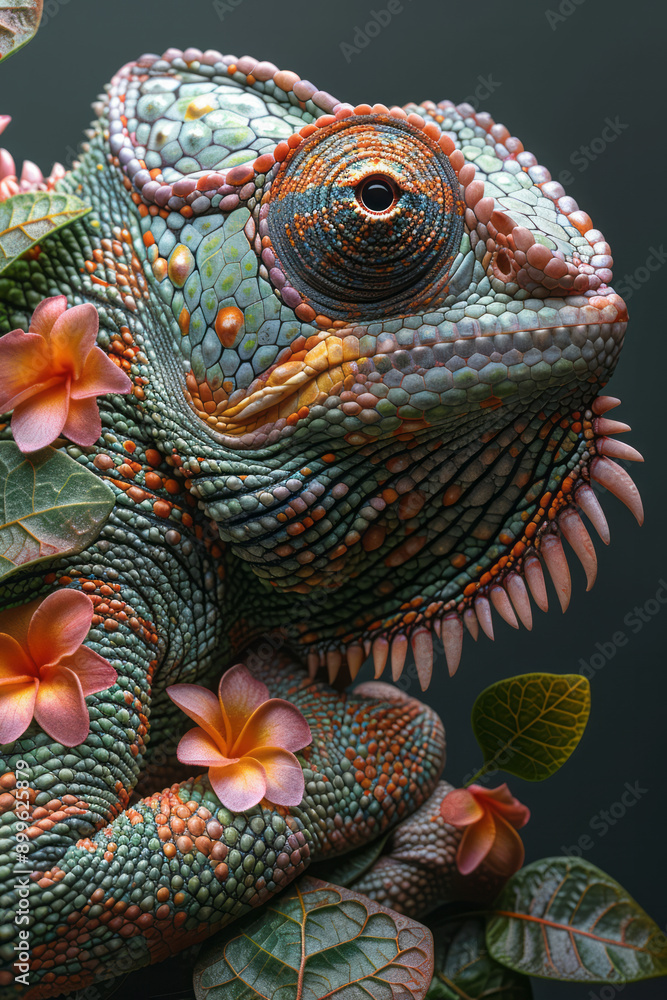 Fototapeta premium An imaginative design of a chameleon made from a mix of leaves and flowers, blending into its surroundings,