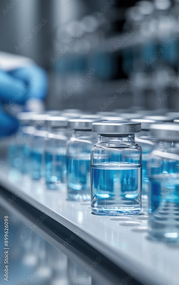Close-up of laboratory vials filled with blue liquid, showcasing precision in pharmaceutical research and development. Close-up of laboratory vials filled with blue liquid, showcasing precision in pharmaceutical research and development.