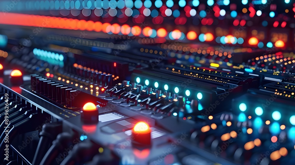 A close-up view of a digital sound mixing console with glowing buttons and sliders, highlighting the technology used in audio production and live performances. A close-up view of a digital sound mixing console with glowing buttons and sliders, highlighting the technology used in audio production and live performances.