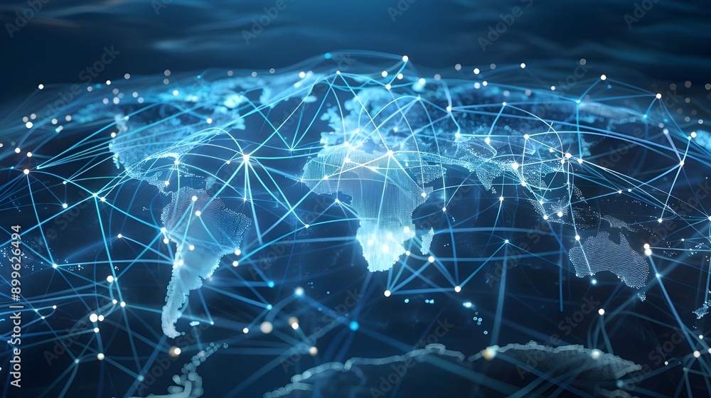 A network of blue digital nodes and connections on a dark background, illustrating a complex and sophisticated data network or neural network. A network of blue digital nodes and connections on a dark background, illustrating a complex and sophisticated data network or neural network.