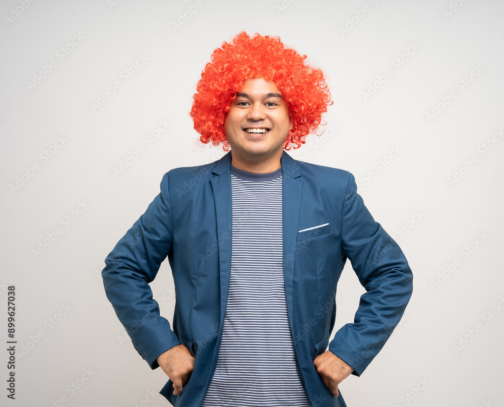 Young Asian man with afro Hairstyle. Funny smiling happiness man with suit jacket on isolated white background. Young Asian man with afro Hairstyle. Funny smiling happiness man with suit jacket on isolated white background.