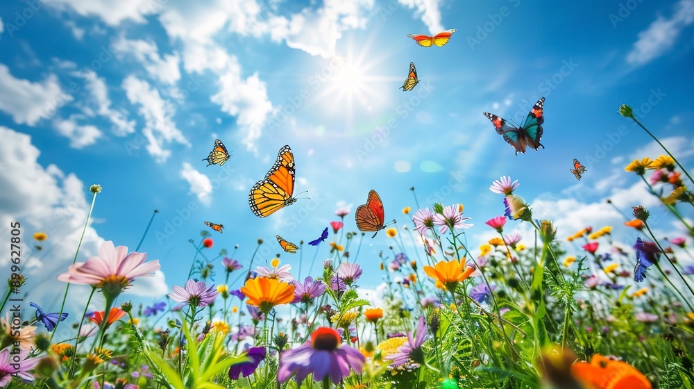 Vibrant butterflies of various colors fluttering above a field of colorful wildflowers under a sunny sky with soft clouds, symbolizing spring and the beauty of nature Vibrant butterflies of various colors fluttering above a field of colorful wildflowers under a sunny sky with soft clouds, symbolizing spring and the beauty of nature