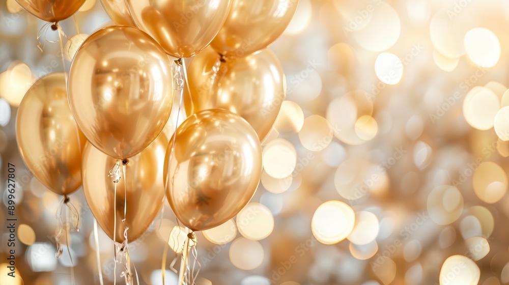 Banner for an office party, showing a cascade of golden balloons against the background of modern office decor. Elegant accents such as sparkling lights Banner for an office party, showing a cascade of golden balloons against the background of modern office decor. Elegant accents such as sparkling lights