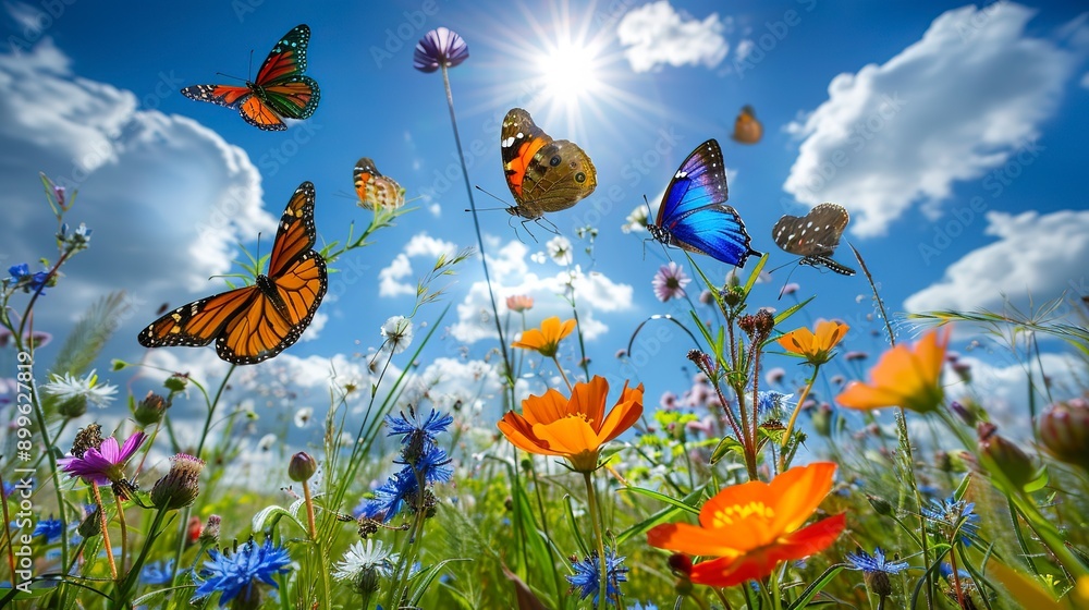 Vibrant butterflies of various colors fluttering above a field of colorful wildflowers under a sunny sky with soft clouds, symbolizing spring and the beauty of nature Vibrant butterflies of various colors fluttering above a field of colorful wildflowers under a sunny sky with soft clouds, symbolizing spring and the beauty of nature