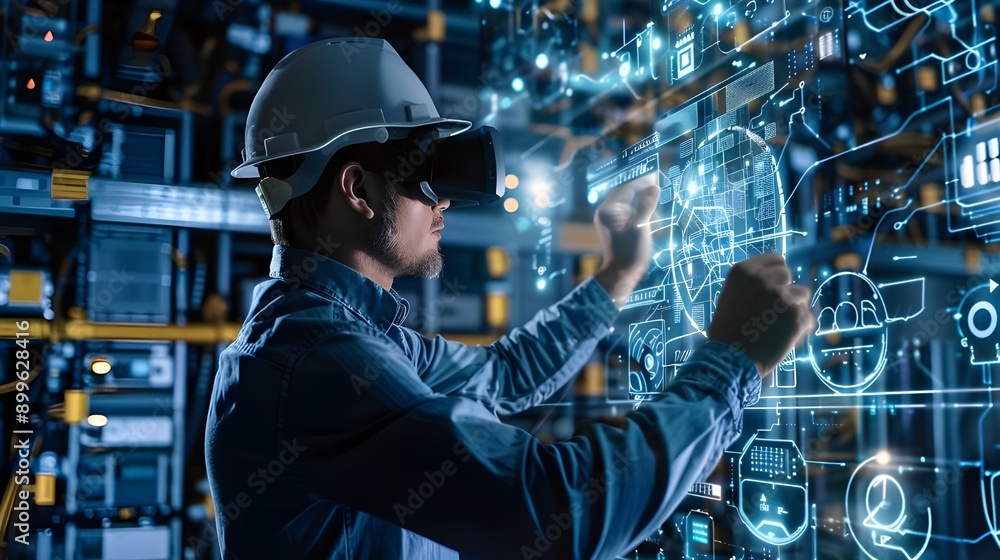 Engineer with a virtual reality headset interacting with 3D holographic models. Engineer with a virtual reality headset interacting with 3D holographic models.