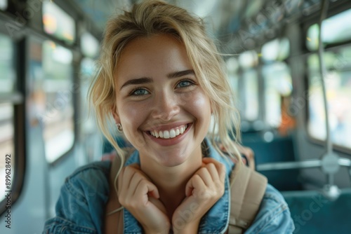 Wallpaper Mural Young woman smiling on train trip with backpack  denim jacket. Torontodigital.ca