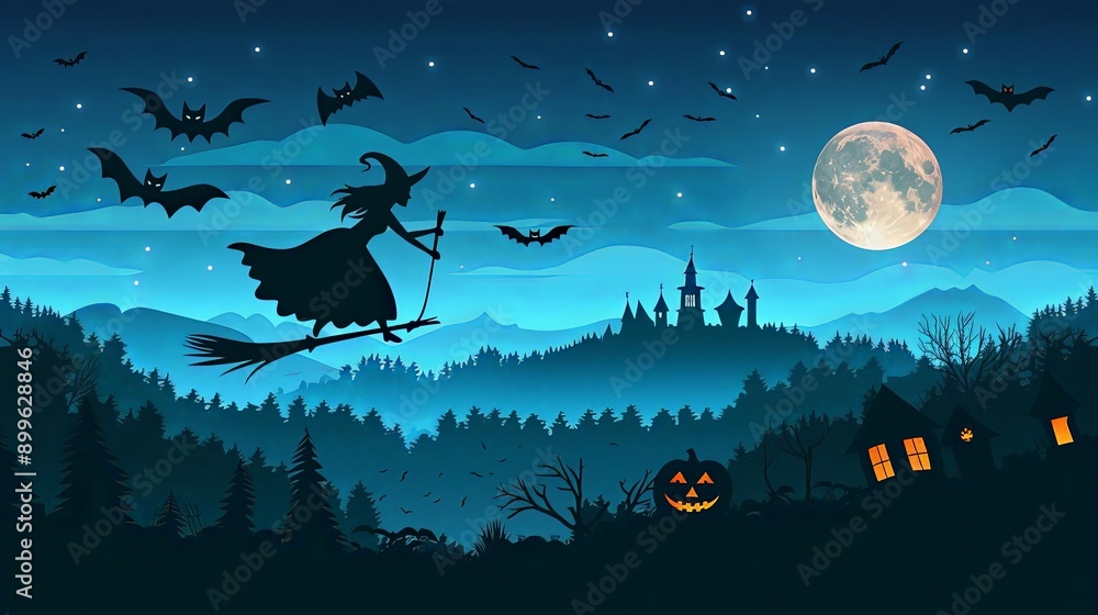 Witch flying on broomstick, bats and moon, Halloween night, flat design illustration Witch flying on broomstick, bats and moon, Halloween night, flat design illustration