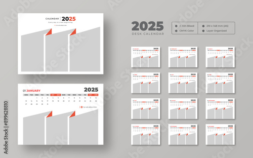 Desk calendar design template 2025, New Year 2025 table calendar, Monthly planner design in corporate and business style, 12 months included