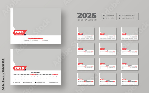 Desk calendar design template 2025, New Year 2025 table calendar, Monthly planner design in corporate and business style, 12 months included