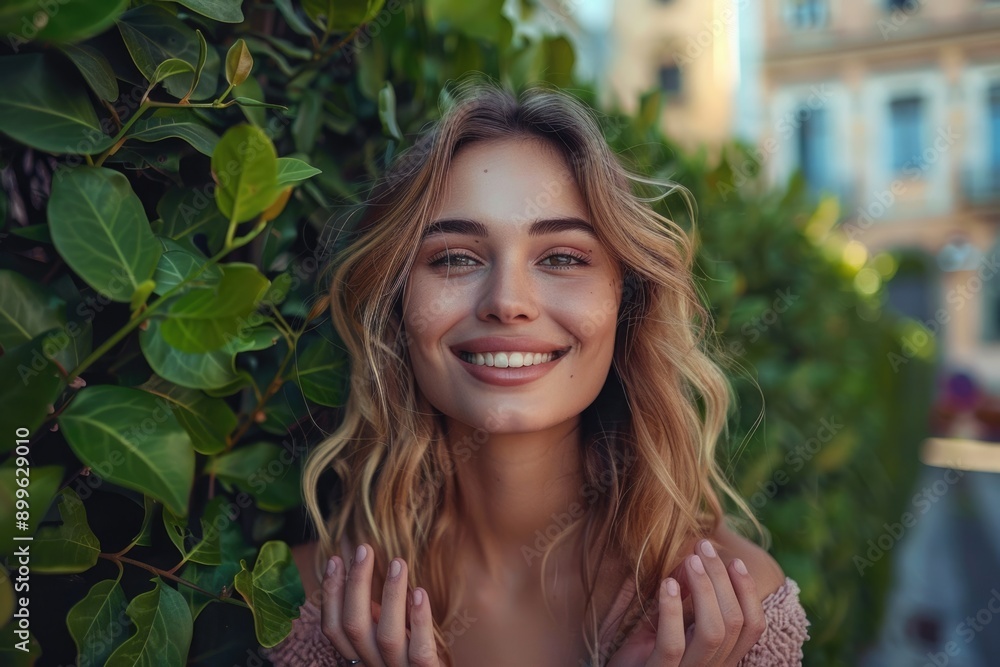 Smiling woman in city street with green background. Smiling woman in city street with green background.