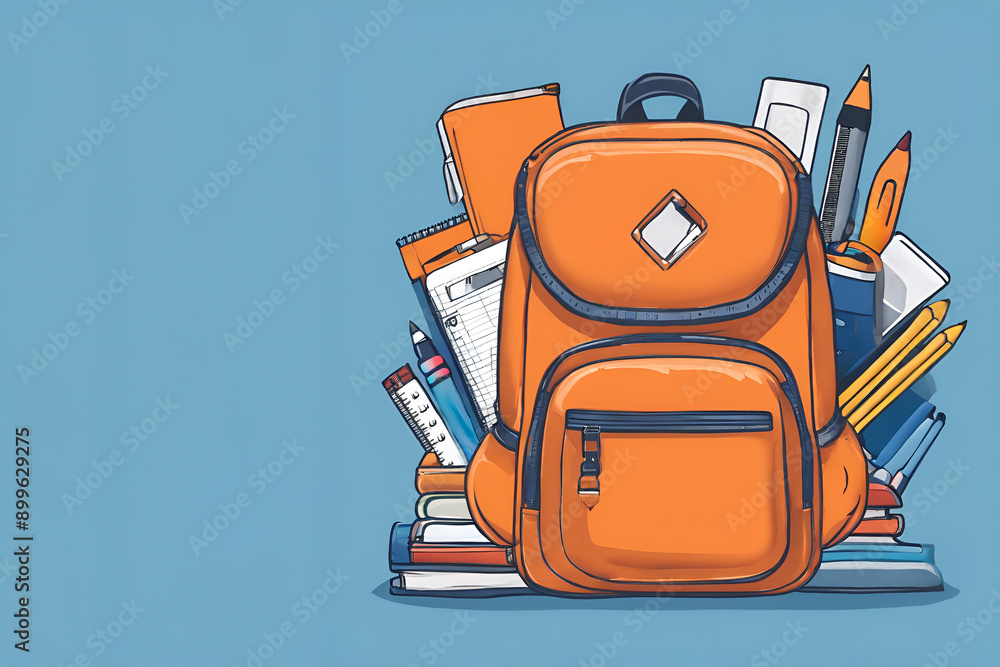 Orange backpack filled with school supplies and books against a blue background, ideal for education themes.