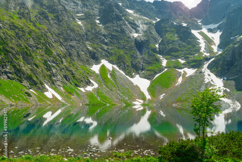 Mountain lake with blue water. Beautiful mountain landscape in summer. Black Lake below Mount Rysy. Tatras