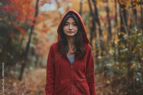 Autumn road trip  Asian woman hiking in forest. © darshika
