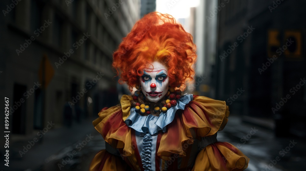 Close up , female clown, stands in the middle of a dark alley Close up , female clown, stands in the middle of a dark alley