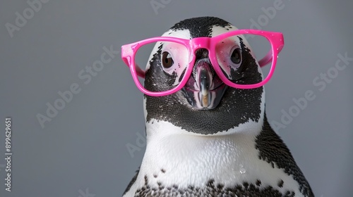 Close-up of a cute penguin wearing pink glasses against a grey background. Adorable and playful animal with a unique and charming look.