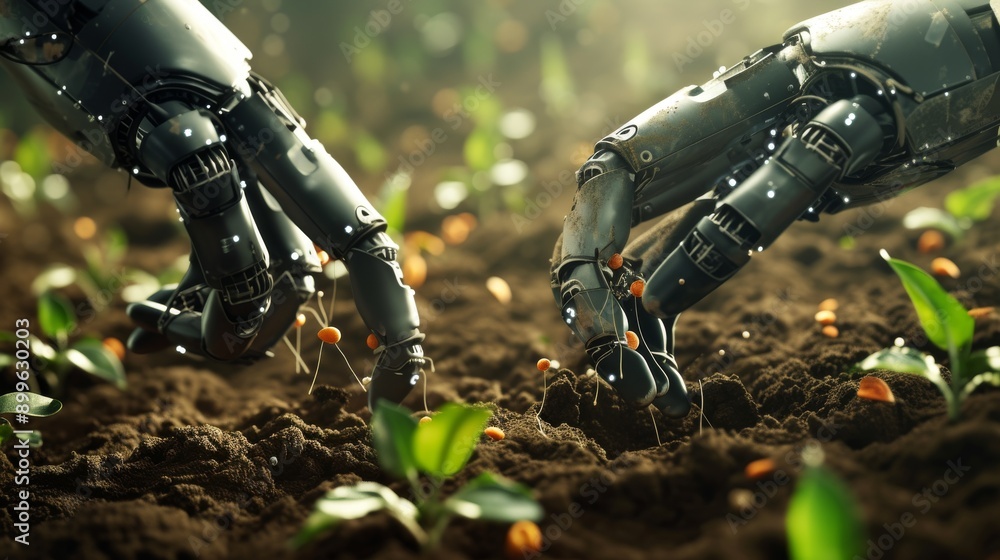 Detailed close-up of robotic hands carefully planting seeds in rich soil, emphasizing the precision and efficiency of automated agricultural technology. The focus is on the delicate interaction Detailed close-up of robotic hands carefully planting seeds in rich soil, emphasizing the precision and efficiency of automated agricultural technology. The focus is on the delicate interaction