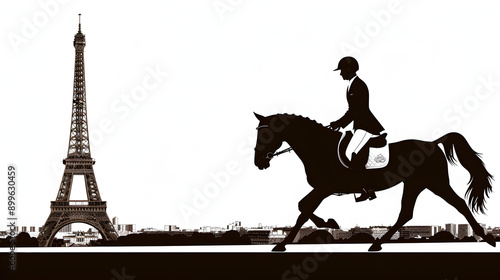 Minimalist Equestrian: Silhouette of a horse and rider with the Eiffel Tower in the background on a white background.


 photo