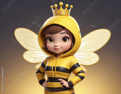 Beautiful 3D character of queen bee, a beautiful girl with yellow hoodie and yellow wings with crown on the head.