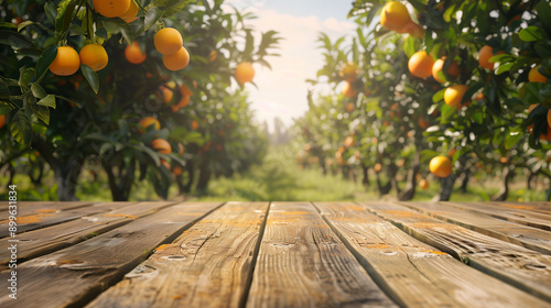 Empty wood table with free space over orange trees, orange field background. For product display montage -