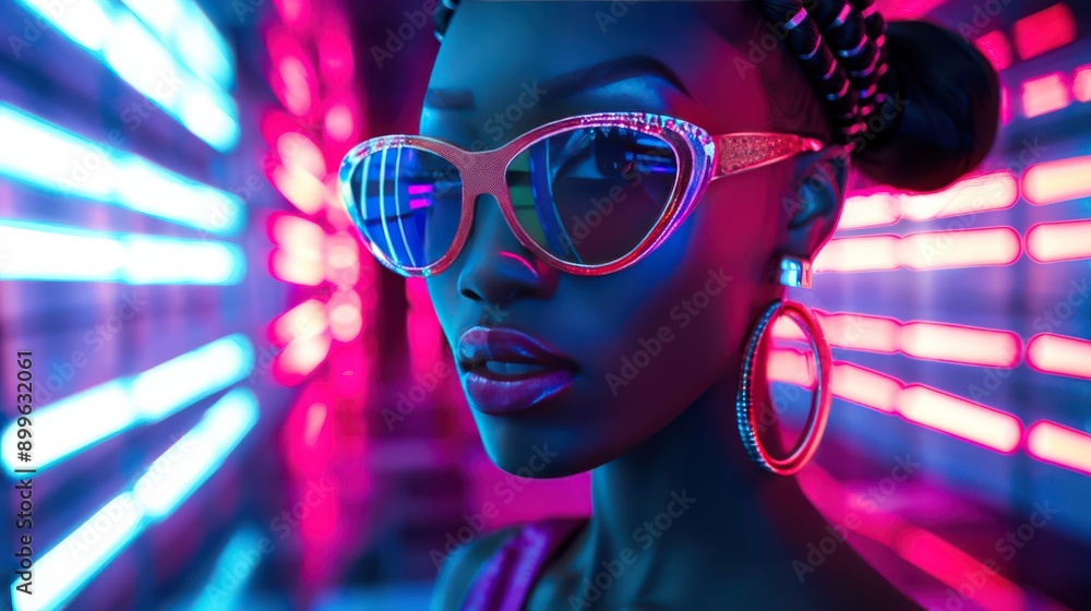 A bold and modern scene of a model in a futuristic evening outfit. Contrasting, vivid colors create a bold and innovative image. A bold and modern scene of a model in a futuristic evening outfit. Contrasting, vivid colors create a bold and innovative image.