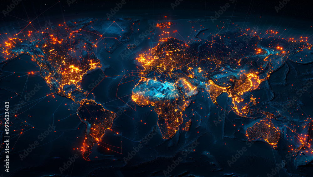 Digital World Map with Glowing Connections, Communications Transport Digital World Map with Glowing Connections, Communications Transport
