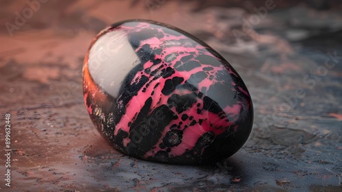 Polished rhodonite stone featuring vibrant pink and black patterns with a smooth, glossy finish. photo