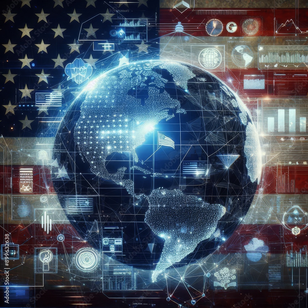 Obraz premium Digital map of USA, concept of American global network and connectivity, data transfer and cyber technology, electronic vote, information exchange and telecommunication 