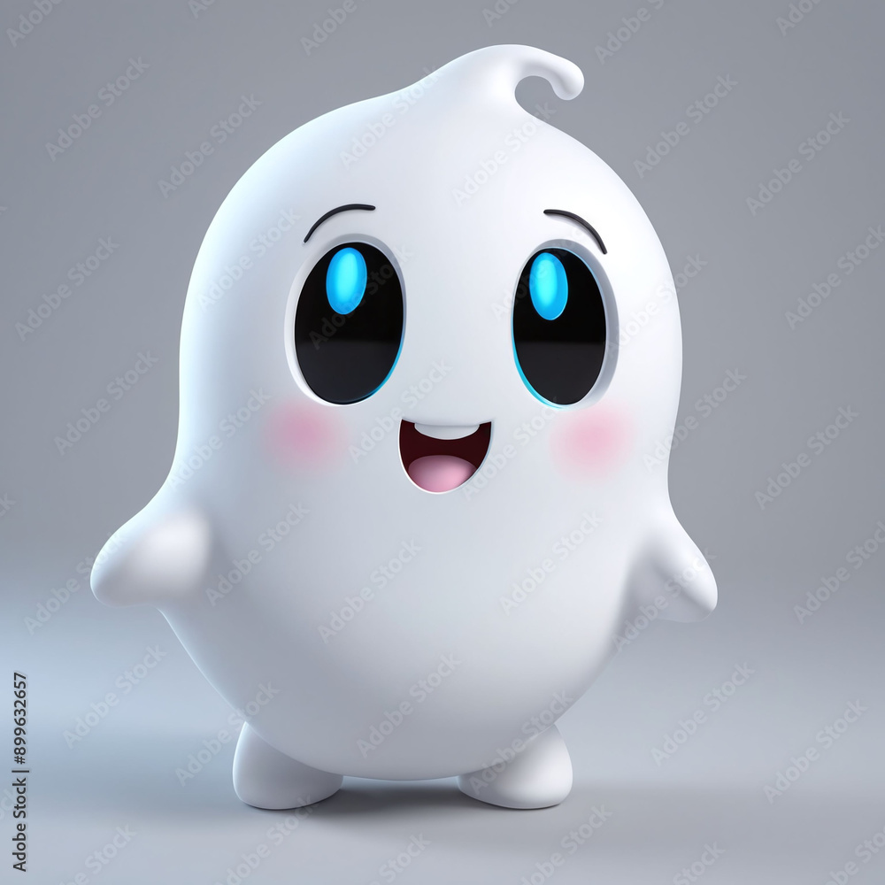 3D rendering of a cute adorable and friendly ghost character. The ghost is white in simple minimalist design.