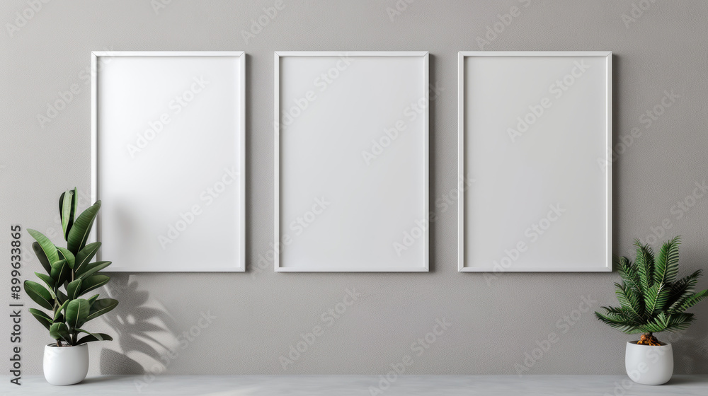 Minimalistic interior with three blank frames on a gray wall, flanked by two green potted plants. Ideal for customization and design projects. Minimalistic interior with three blank frames on a gray wall, flanked by two green potted plants. Ideal for customization and design projects.
